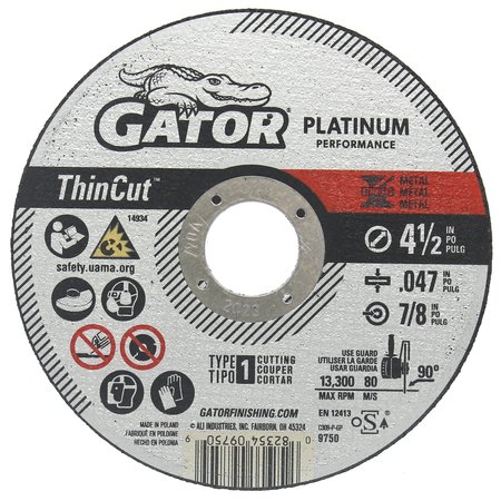 Gator Finishing Platinum Performance ThinCut Type 1 Metal Cut-Off Wheels, 4.5" x .047" x 7/8", 10 Count 975010
